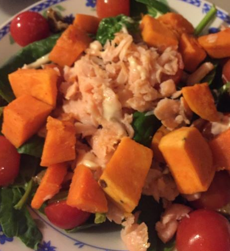 Recipe for Warm Sweet Potato and Spinach Salad with Poached Salmon  with Honey Mustard dressing